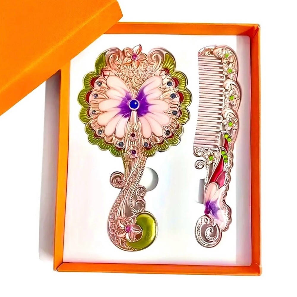 GIFT-BOXED METAL MIRROR COMB SET BUTTERFLY UNIQUE
